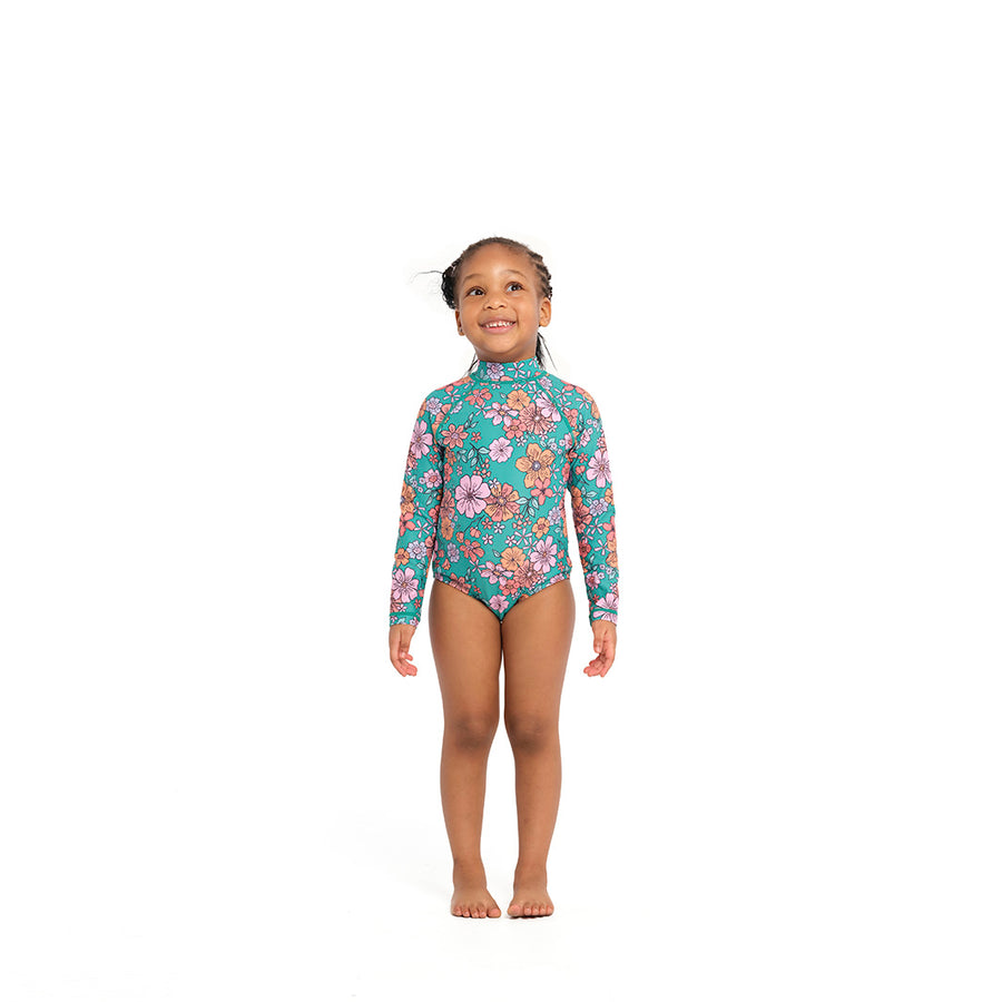 Cheap Kids Girls Children Swimwear Beachwear Long Sleeves Palm Printed  Zippered Swimsuit Children Swimming Bathing Suit Rash Guard