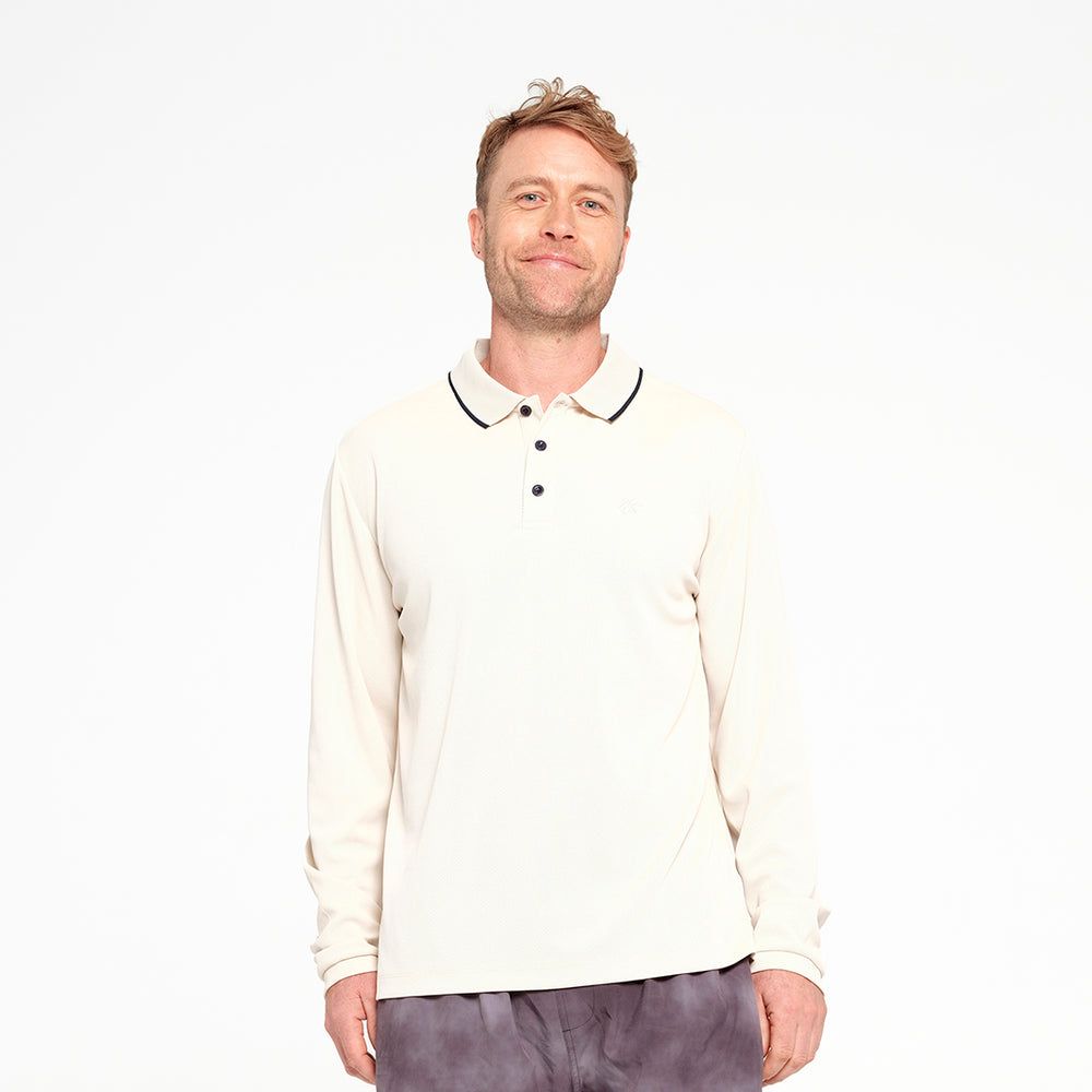 Cancer Council | Mens Long Sleeve Polo - Front 2 | Sandshell | UPF50+ Protection