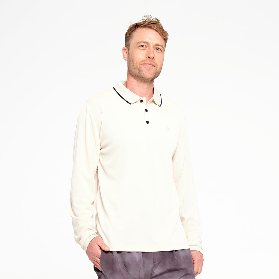 Cancer Council | Mens Long Sleeve Polo - Front | Sandshell | UPF50+ Protection