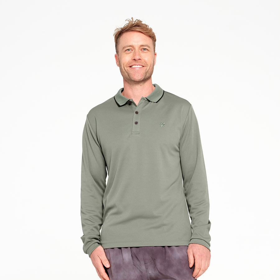 Cancer Council | Mens Long Sleeve Polo - Front | Sage | UPF50+ Protection