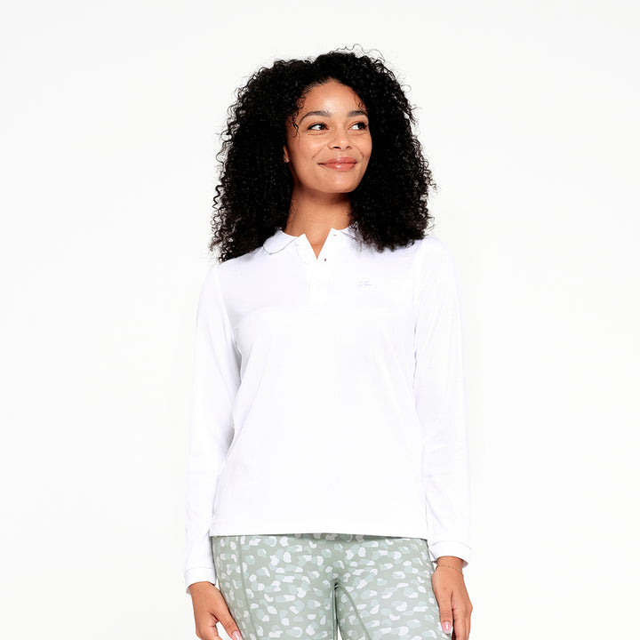 Cancer Council | Womens Long Sleeve Polo - Front | White | UPF50+ Protection