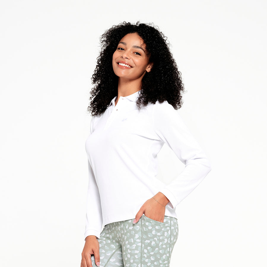 Cancer Council | Womens Long Sleeve Polo - Front | White | UPF50+ Protection