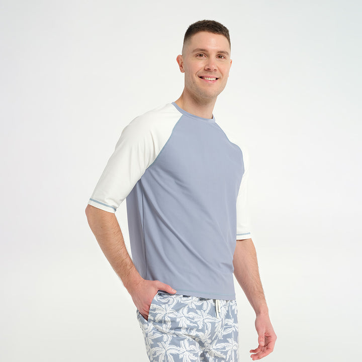 Cancer Council | Mens Blocked Short Sleeve Rashie - Angle | Blue | UPF50+ Protection