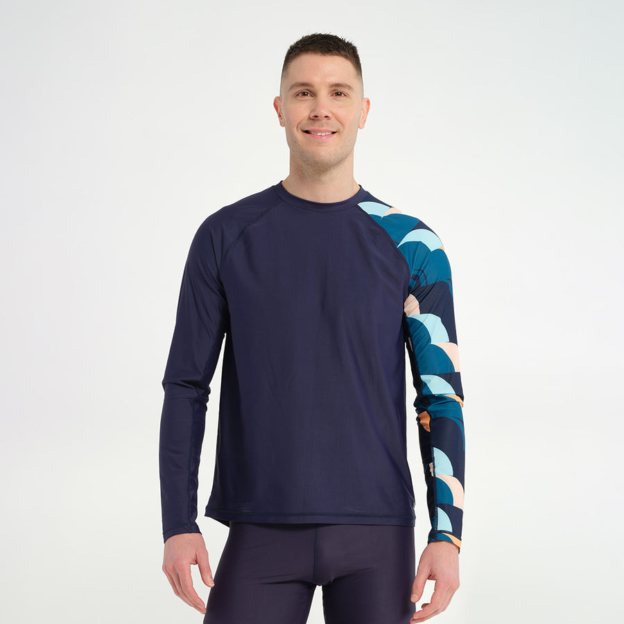 Cancer Council | Mens Wave Break Long Sleeve Rashie - Front | Peacoat | UPF50+ Protection