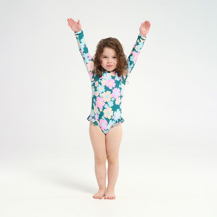 Cancer Council | 
Toddler 60s Floral LS Paddle Suit - Hands Up |  UPF50+ Protection