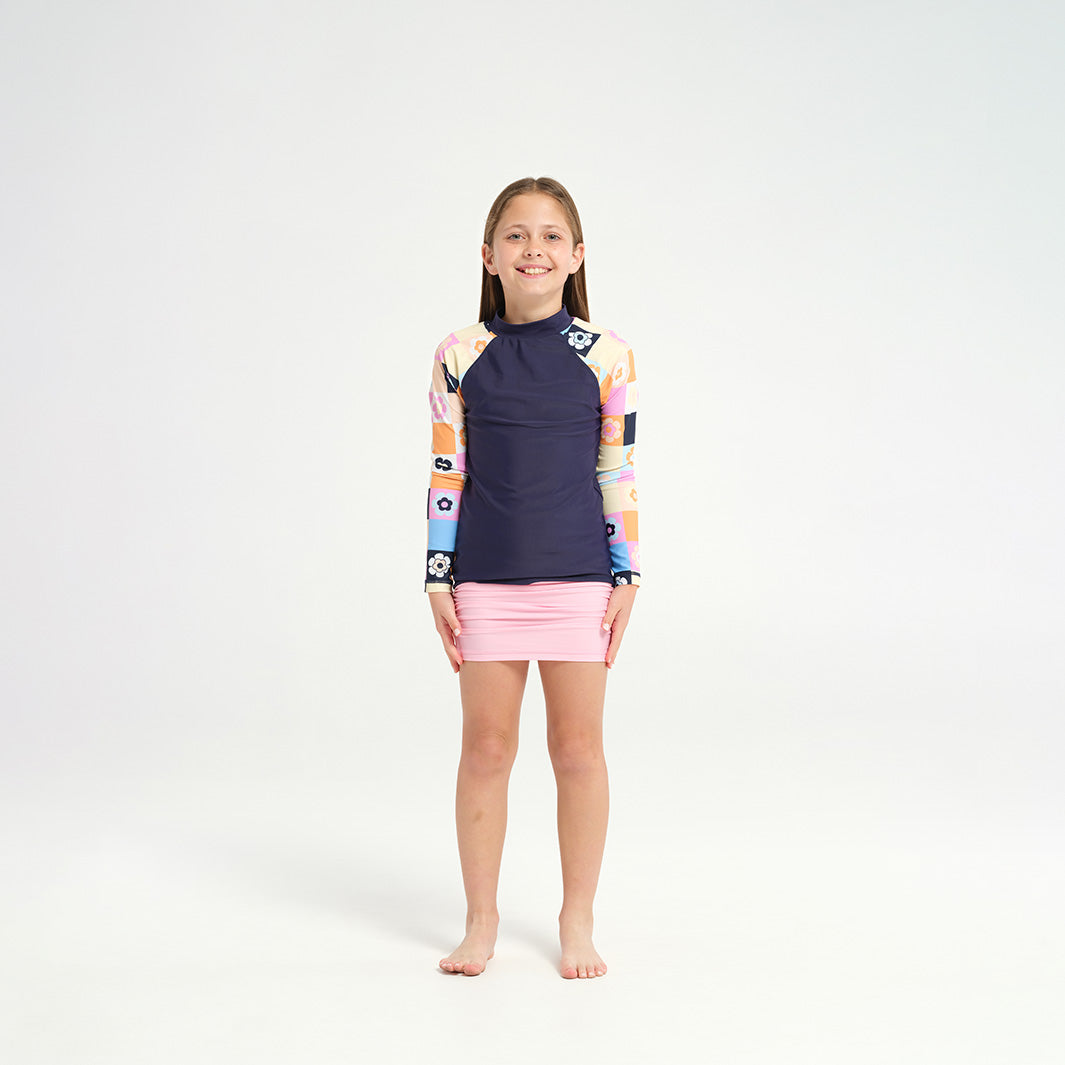 Cancer Council | 
Kids Solid Patch LS Rashie - Pink Skirt|  UPF50+ Protection