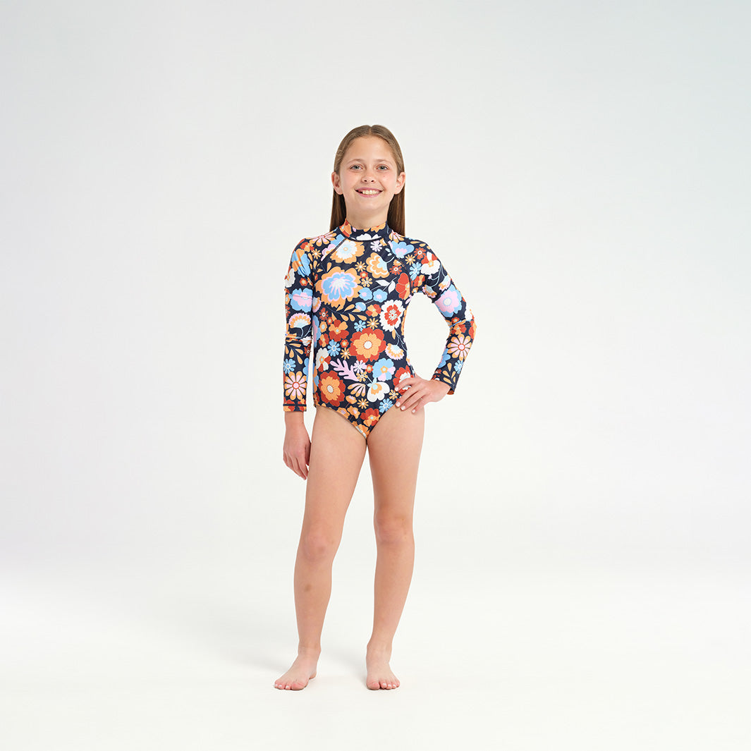 Cancer Council | 
Kids Sapphire LS Paddle Suits - Front |  UPF50+ Protection