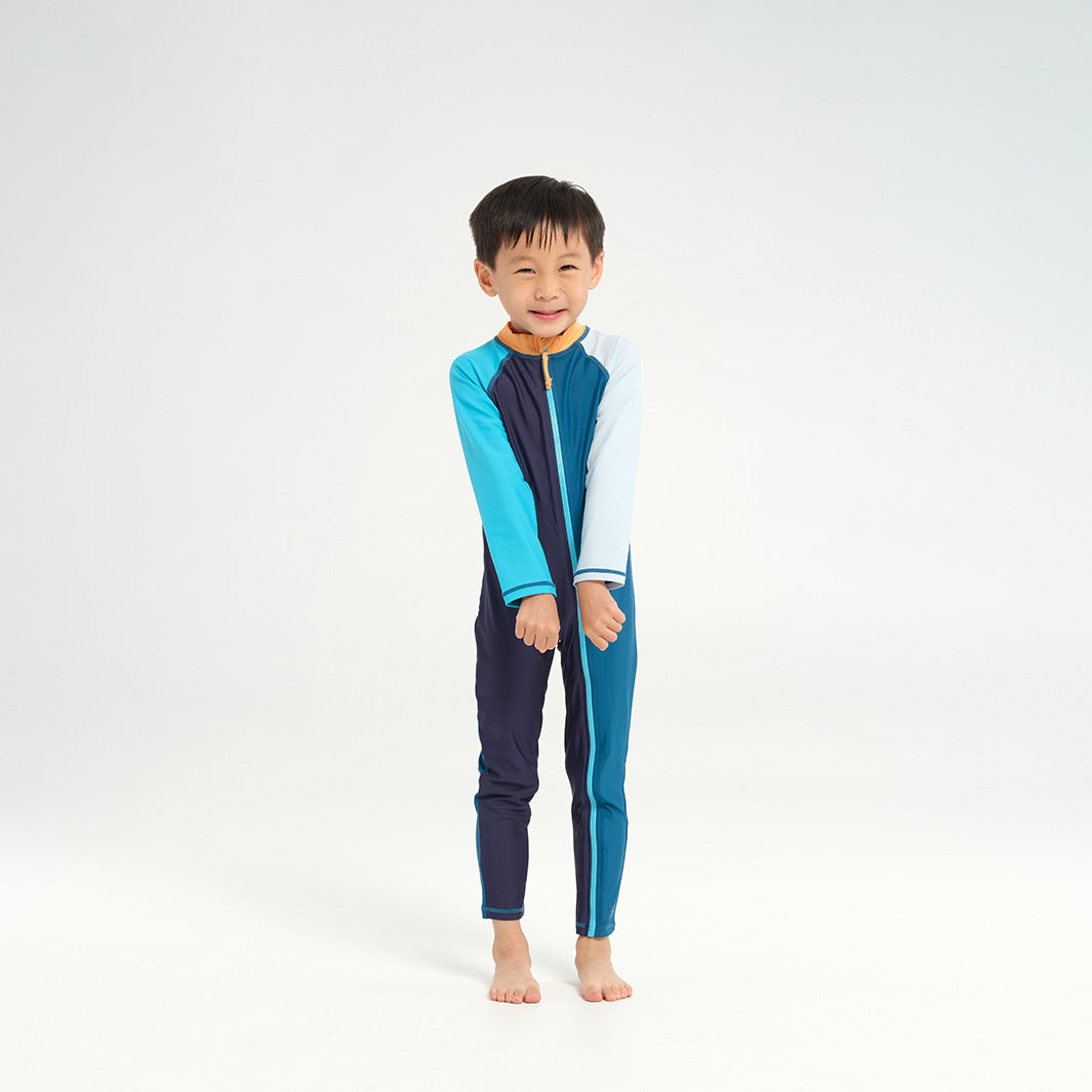 Infant Blocked LS Swim Zip Suit - Navy Apricot