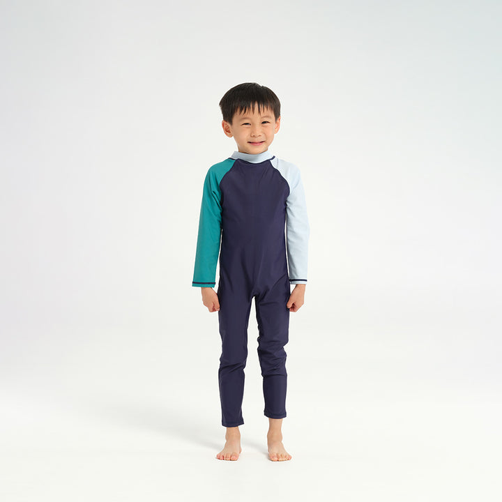 Cancer Council | Infant Blocked LS Swim Zip Suit - Navy Light Blue - Front |  UPF50+ Protection