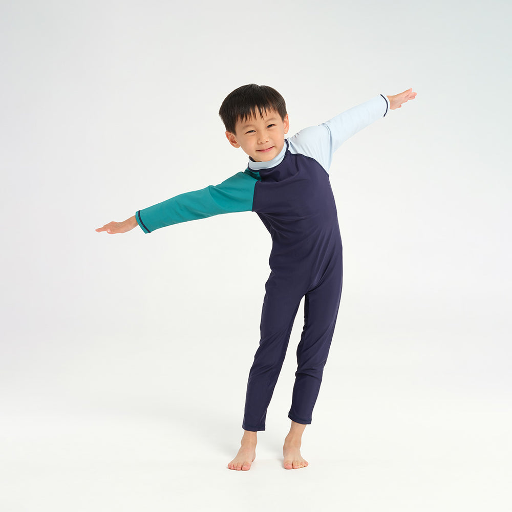 Cancer Council | Infant Blocked LS Swim Zip Suit - Navy Light Blue - Side |  UPF50+ Protection