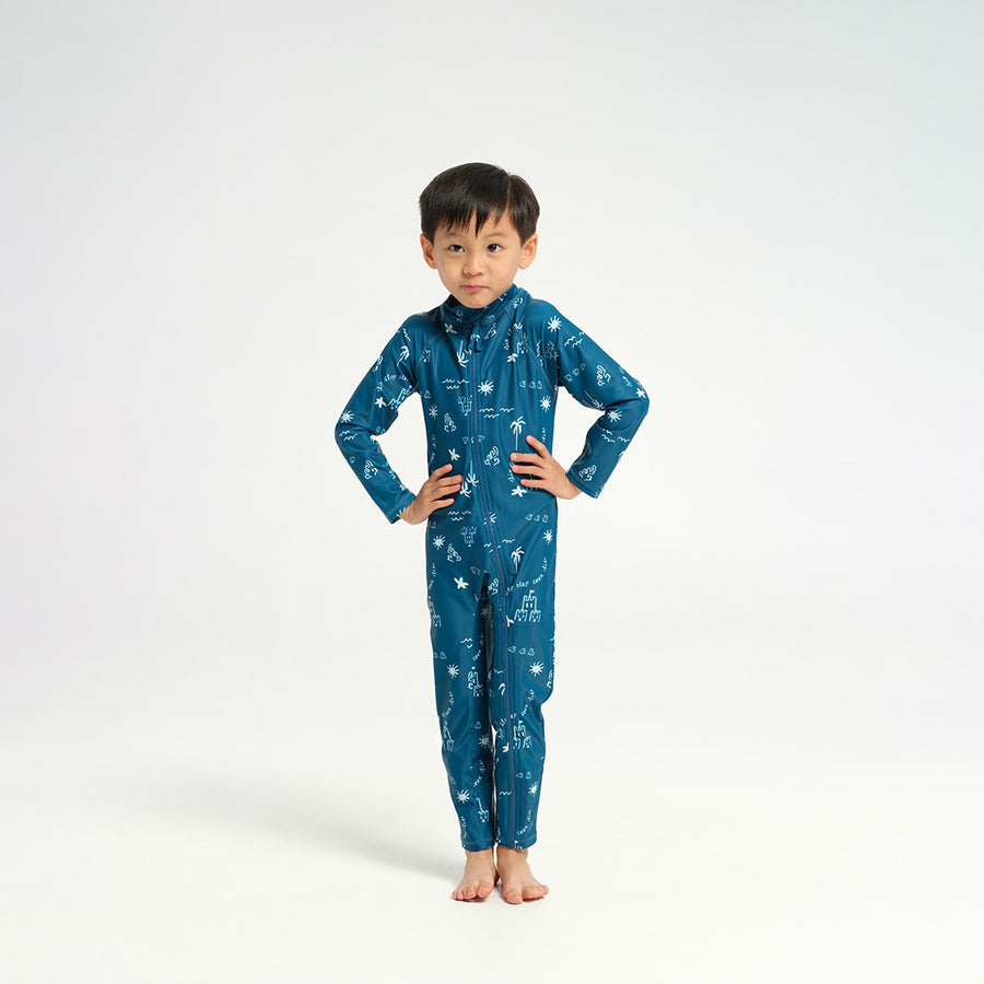 Cancer Council | Infant Beach Days LS Swim Zip Suit - Navy - Front |  UPF50+ Protection