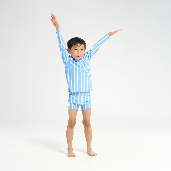 Cancer Council | 
Infant Pinstripe LS Rashie - Blue - Hands Up |  UPF50+ Protection