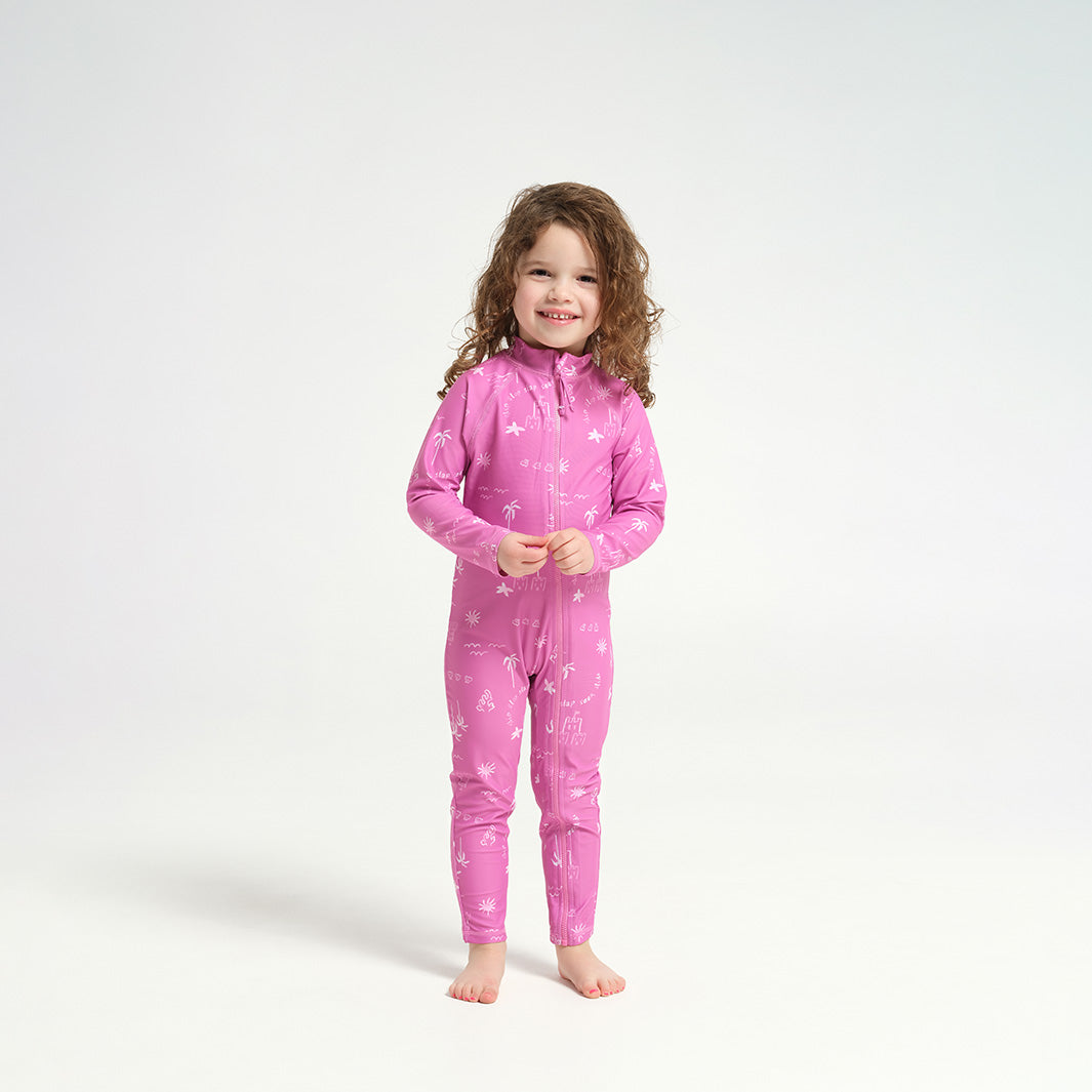 Cancer Council | Infant Beach Days LS Swim Zip Suit - Pink - Smiling |  UPF50+ Protection