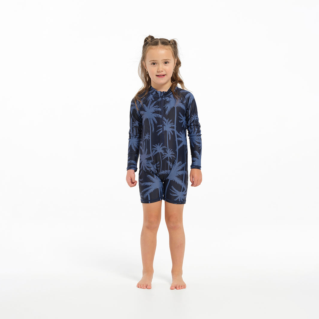 Cancer Council | Infant Tropical Palm Zip Suit - Front 2 | Blue | UPF50+ Protection