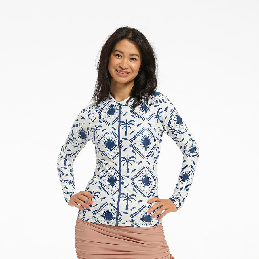 Cancer Council | Womens Resort Palm Long Sleeve Swim Jacket - Front | Blue/White | UPF50+ Protection