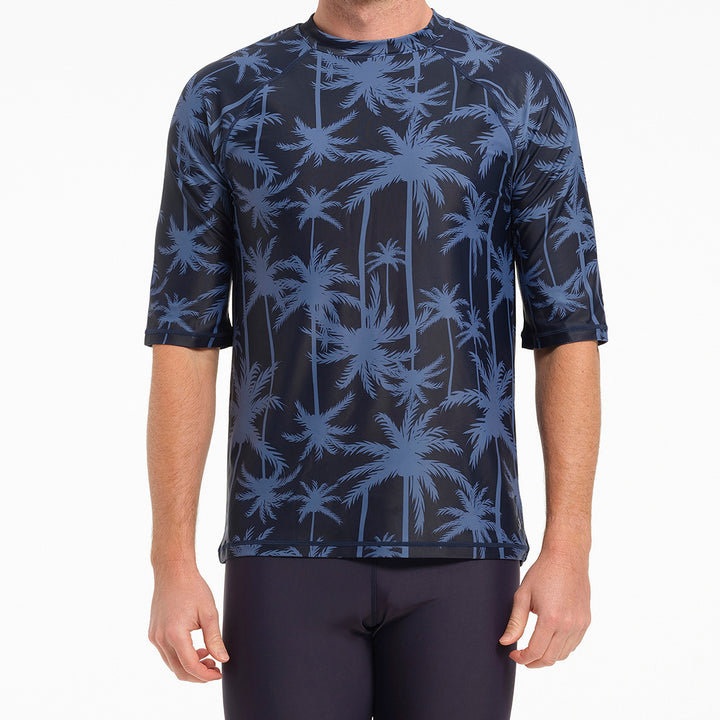 Cancer Council | Mens Tropical Palm Short Sleeve Rashie - Front | Blue | UPF50+ Protection