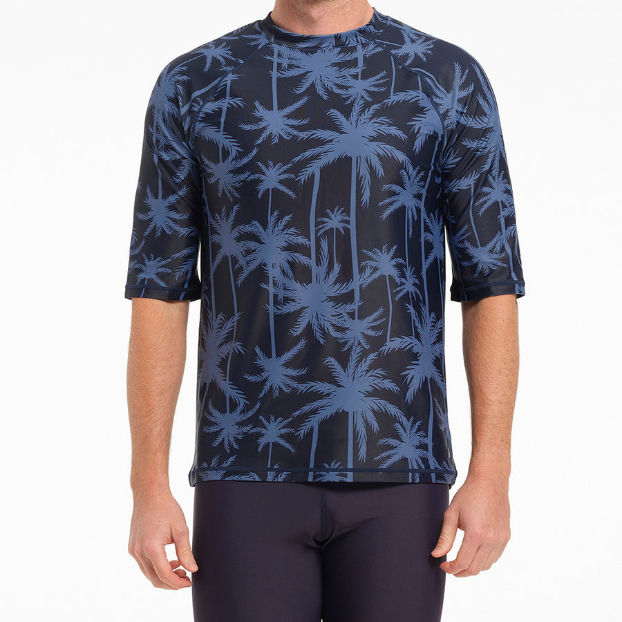 Cancer Council | Mens Tropical Palm Short Sleeve Rashie - Front | Blue | UPF50+ Protection