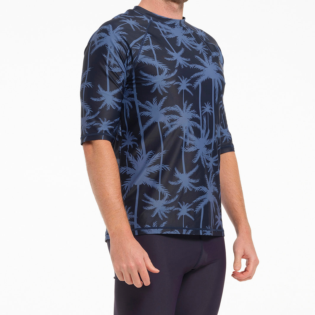 Cancer Council | Mens Tropical Palm Short Sleeve Rashie - Side | Blue | UPF50+ Protection