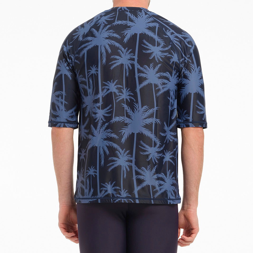 Cancer Council | Mens Tropical Palm Short Sleeve Rashie - Back | Blue | UPF50+ Protection