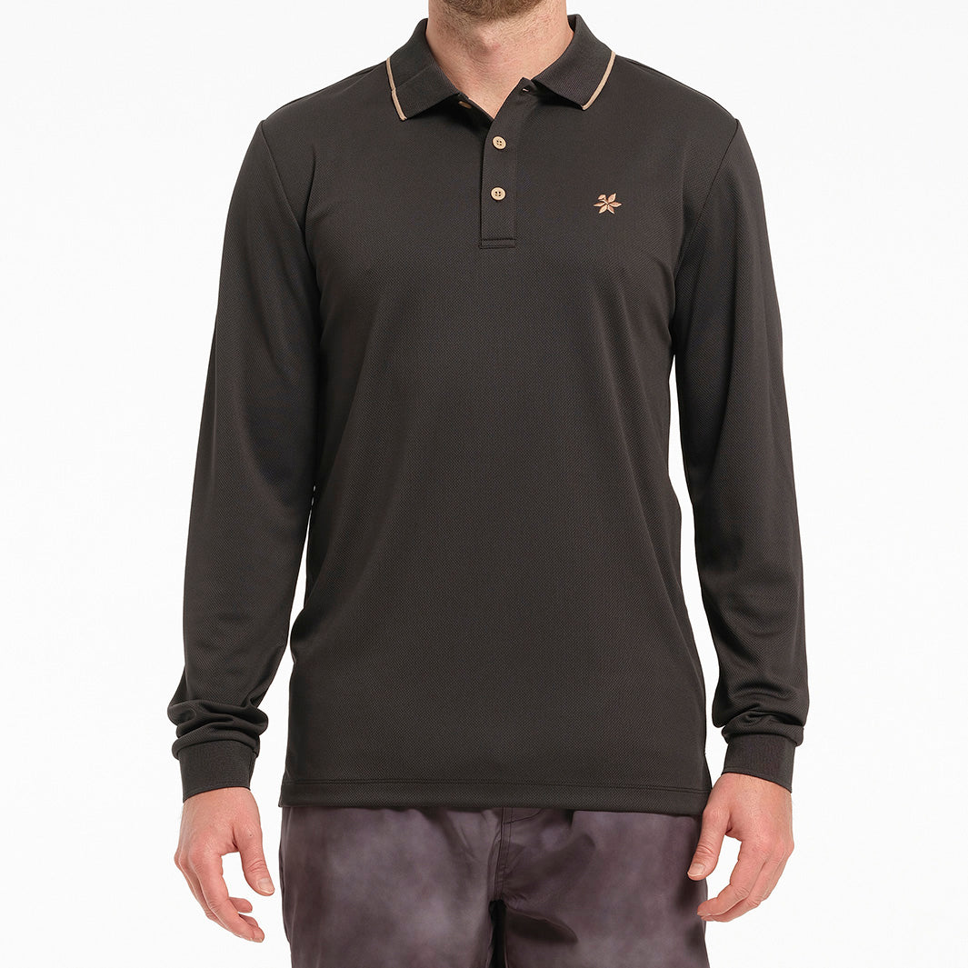 Cancer Council | Mens Long Sleeve Polo - Front | Charcoal | UPF50+ Protection