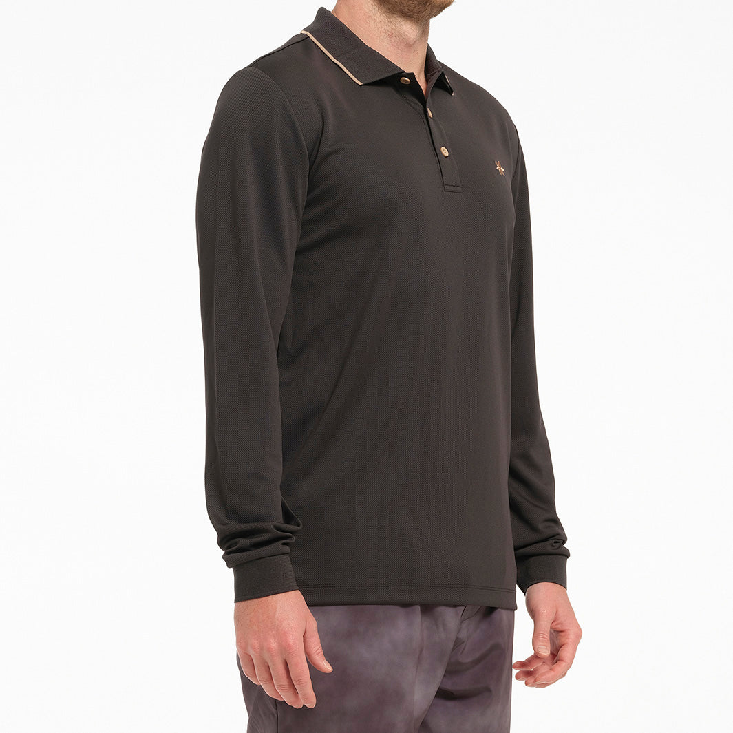 Cancer Council | Mens Long Sleeve Polo - Side | Charcoal | UPF50+ Protection