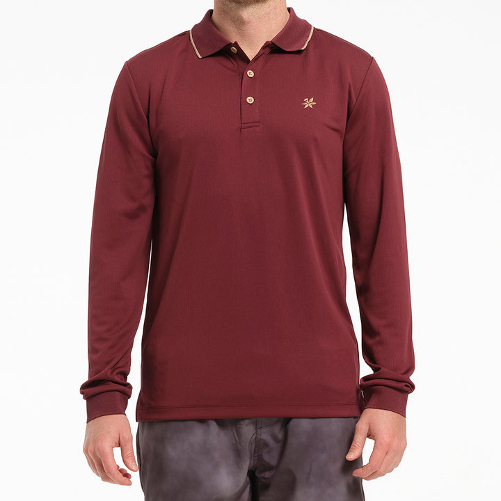 Cancer Council | Mens Long Sleeve Polo - Front | Burgundy | UPF50+ Protection