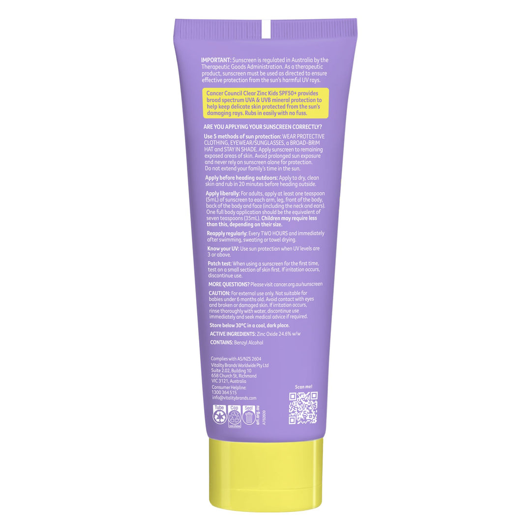 Clear Zinc Kids Sunscreen SPF50+ 110g - Back Tube