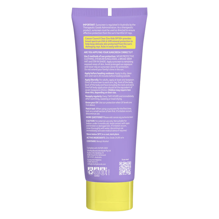 Clear Zinc Kids Sunscreen SPF50+ 110g - Back Tube