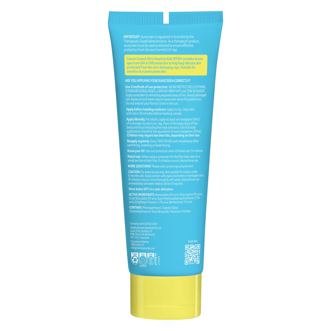 Ultra Sensitive Kids Sunscreen SPF50+ 150mL - Back Tube