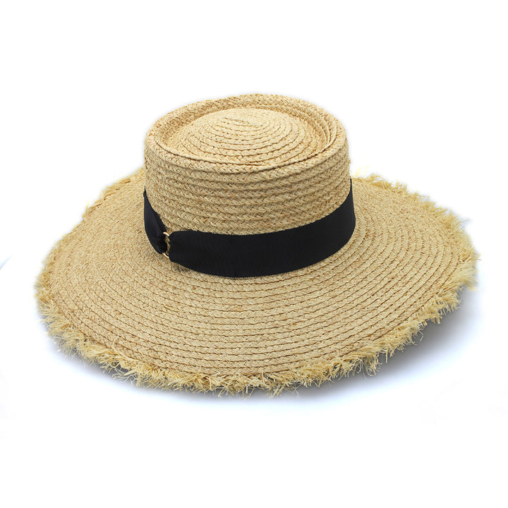 Cancer Council | Quinn Raffia Wide Brim Hat - Angle | Natural/Black | UPF50+ Protection