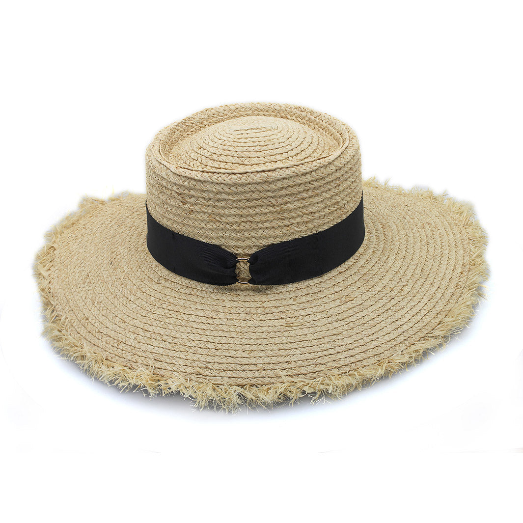 Cancer Council | Quinn Raffia Wide Brim Hat - Side | Natural/Black | UPF50+ Protection