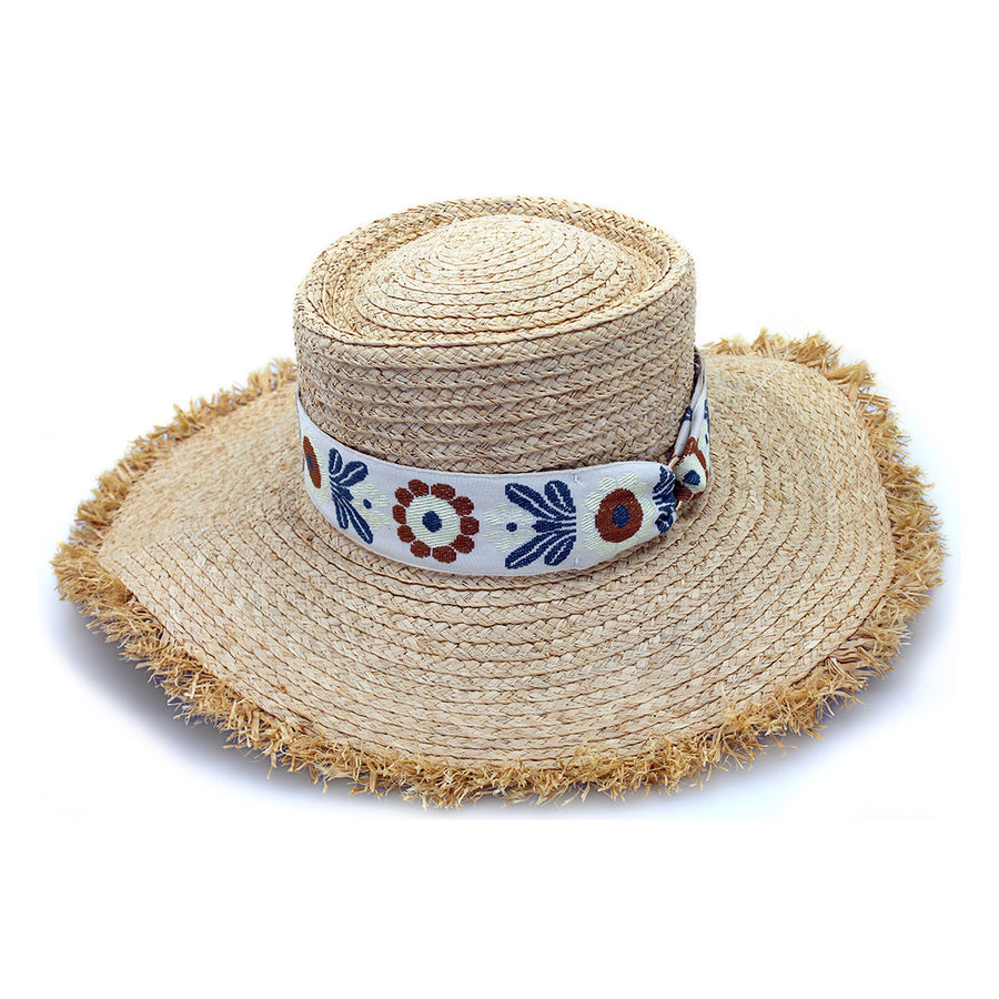 Cancer Council | Quinn Raffia Wide Brim Hat - Angle | Natural Blue | UPF50+ Protection