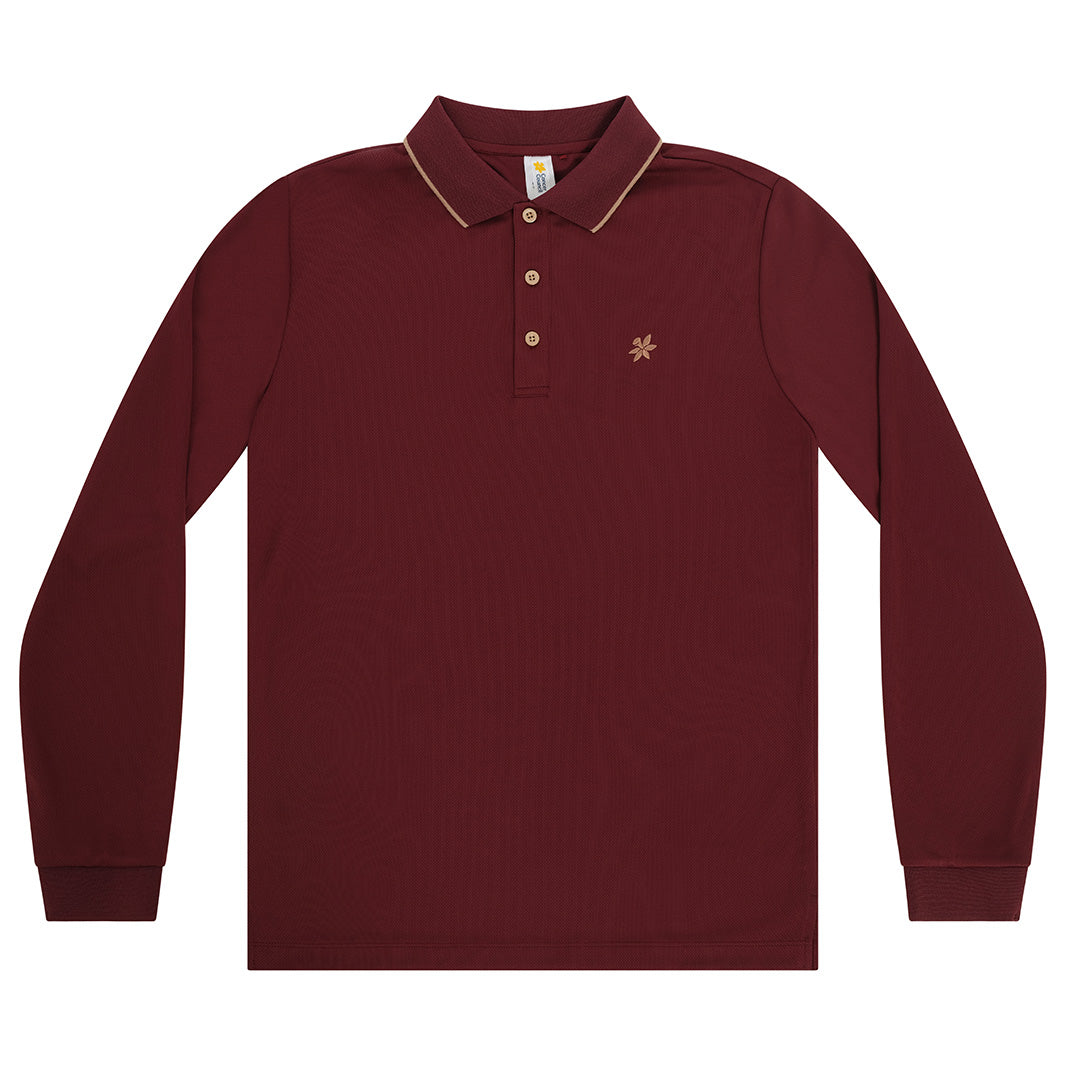 Cancer Council | Mens Long Sleeve Polo - Flat | Burgundy | UPF50+ Protection